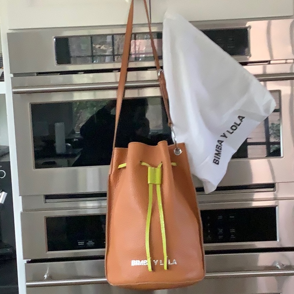 Tan and Yellow Shoulder Bag with Drawstring Closure